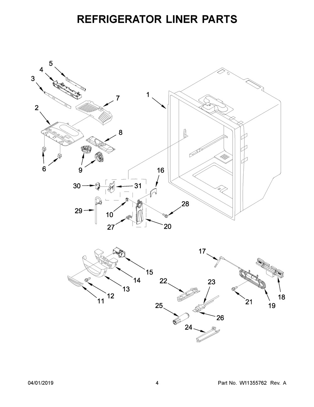 Refrigerator Liner Parts Diagram and Parts List for IX6HHEXDSM03  Whirlpool Refrigerator