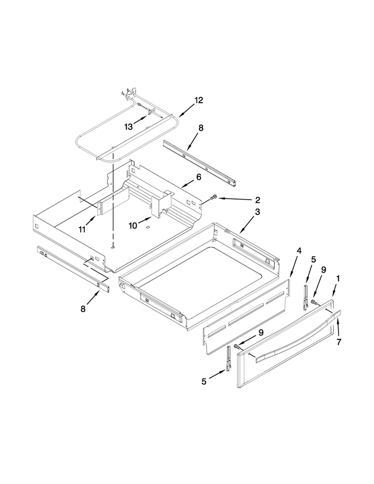 Drawer Parts Diagram and Parts List for WFE720H0AS1  Whirlpool Range