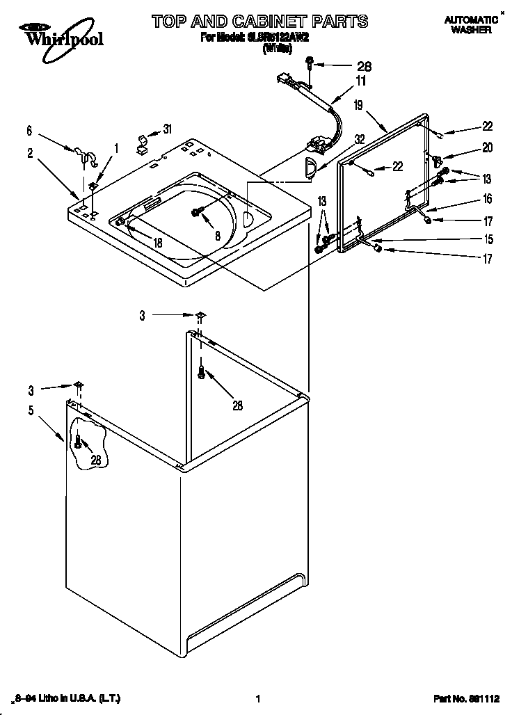 Top And Cabinet Diagram and Parts List for 6LSR5132AW2  Whirlpool Washer