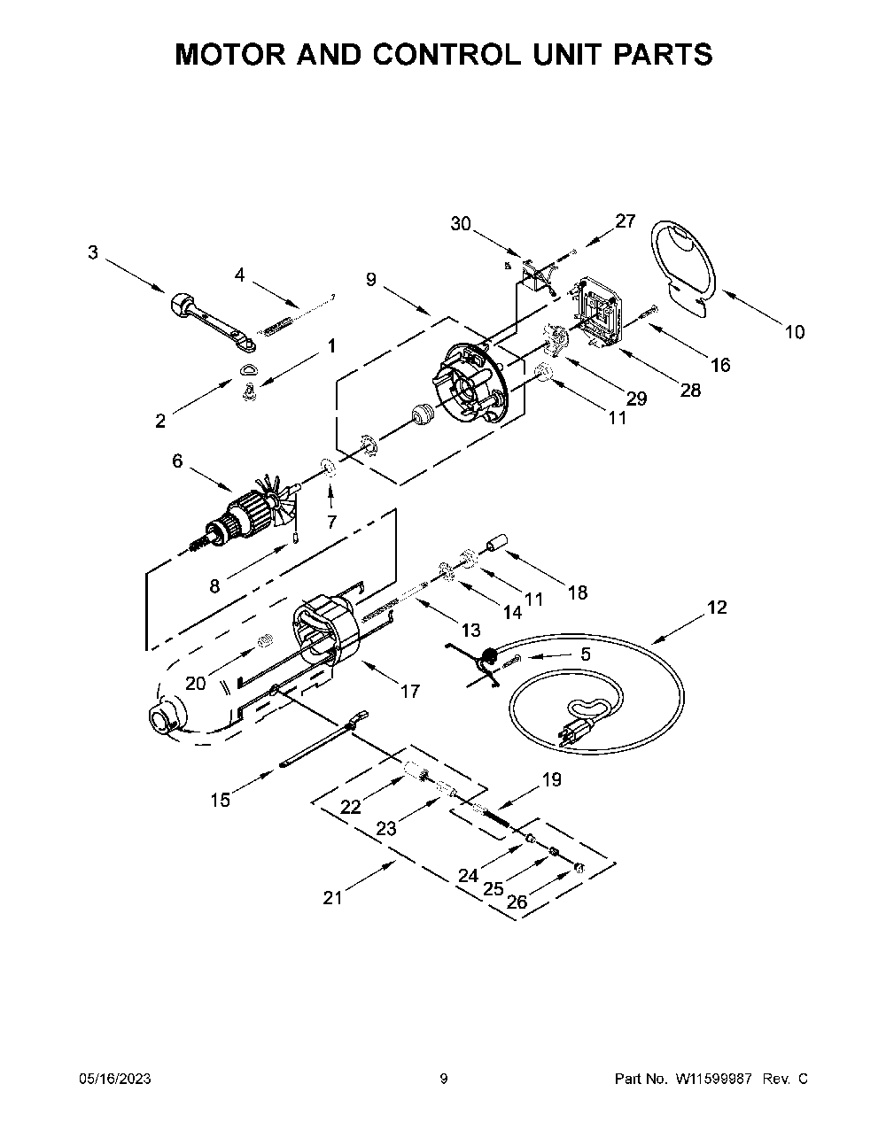 Motor And Control Unit Parts Diagram and Parts List for 5KSM192XDAAC0  KitchenAid Mixer