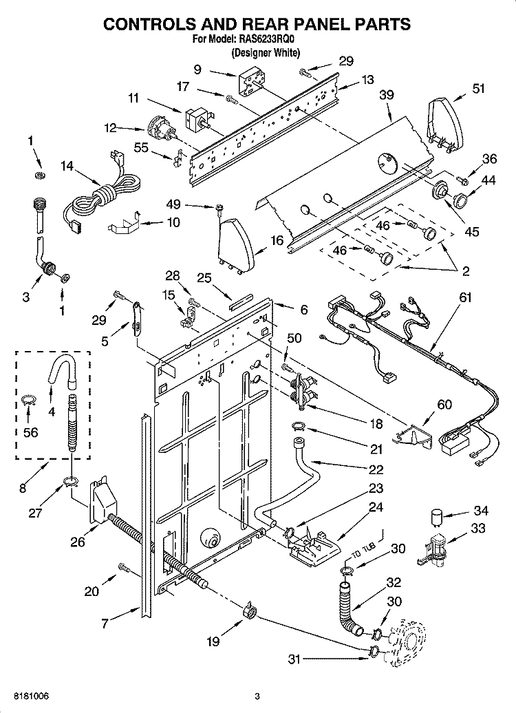 CONTROLS AND REAR PANEL PARTS Diagram and Parts List for RAS6233RQ0  Roper Washer