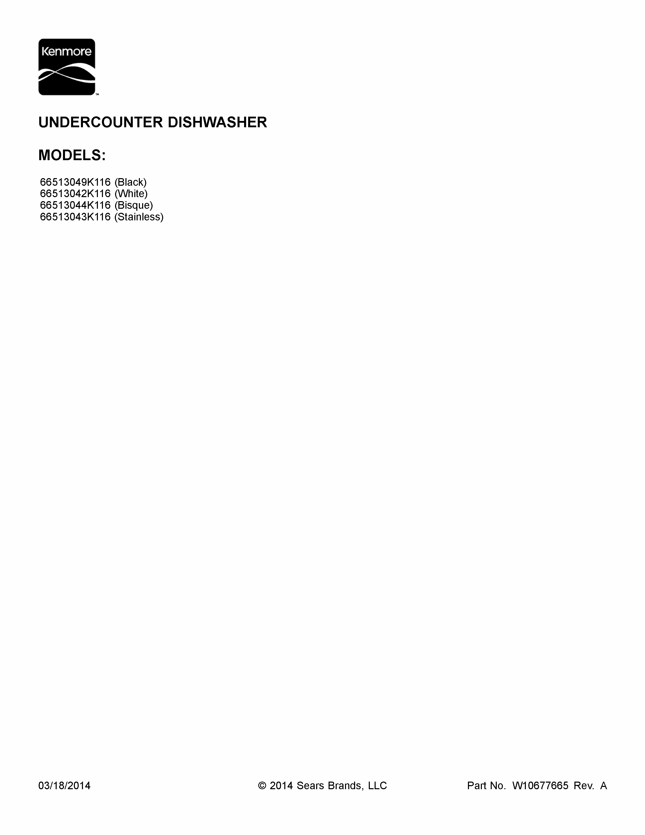 Cover Sheet Diagram and Parts List for 66513042K116  Kenmore Dishwasher