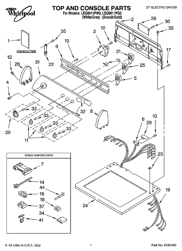 TOP AND CONSOLE PARTS Diagram and Parts List for LEQ8611PW0  Whirlpool Dryer