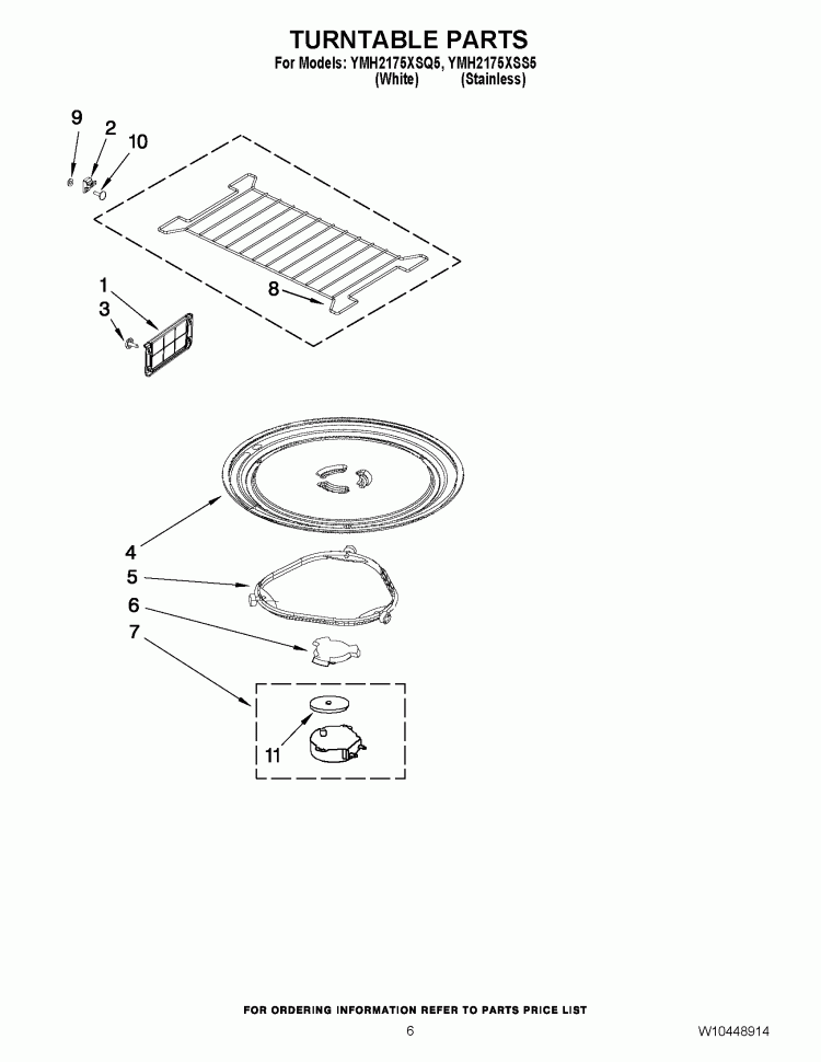 TURNTABLE PARTS Diagram and Parts List for YMH2175XSQ5  Whirlpool Microwave