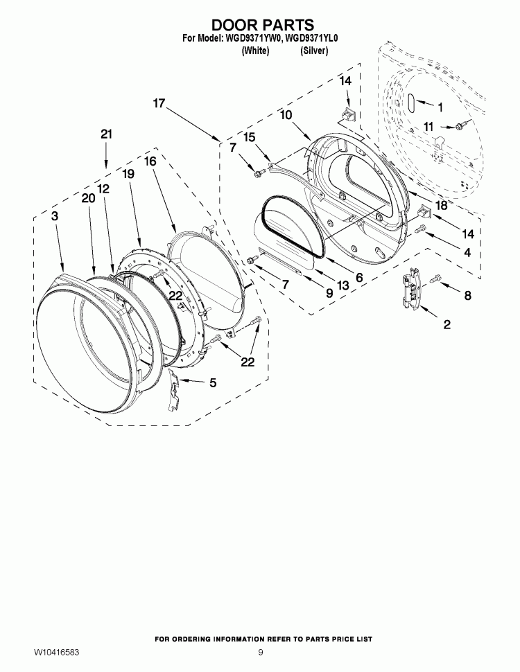DOOR PARTS Diagram and Parts List for WGD9371YW0  Whirlpool Dryer
