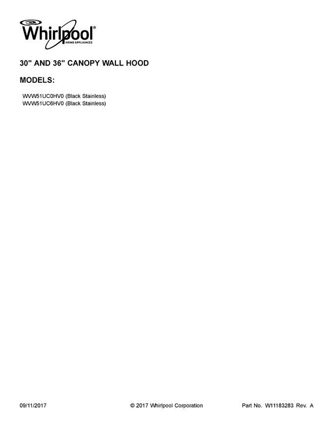 01 - Cover Sheet Diagram and Parts List for WVW51UC0HV0  Whirlpool Range Hood