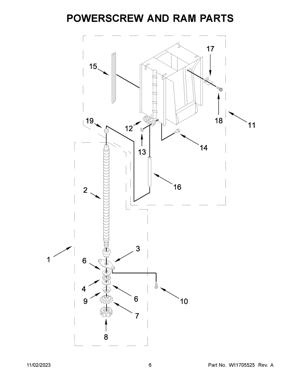 Powerscrew And Ram Parts Diagram and Parts List for GACP15XXMG5  Whirlpool Trash Compactor