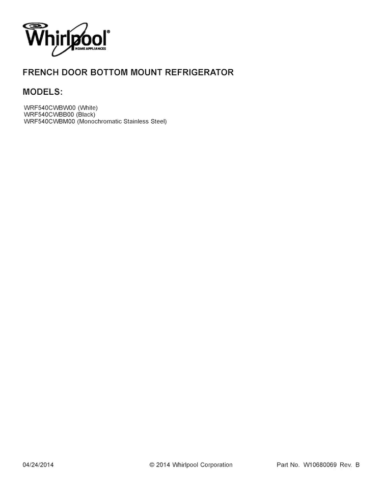 Cover Sheet Diagram and Parts List for WRF540CWBW00  Whirlpool Refrigerator