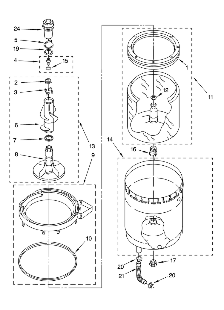 Agitator, Basket And Tub Parts Diagram and Parts List for 11097842700  Kenmore Washer Dryer Combo