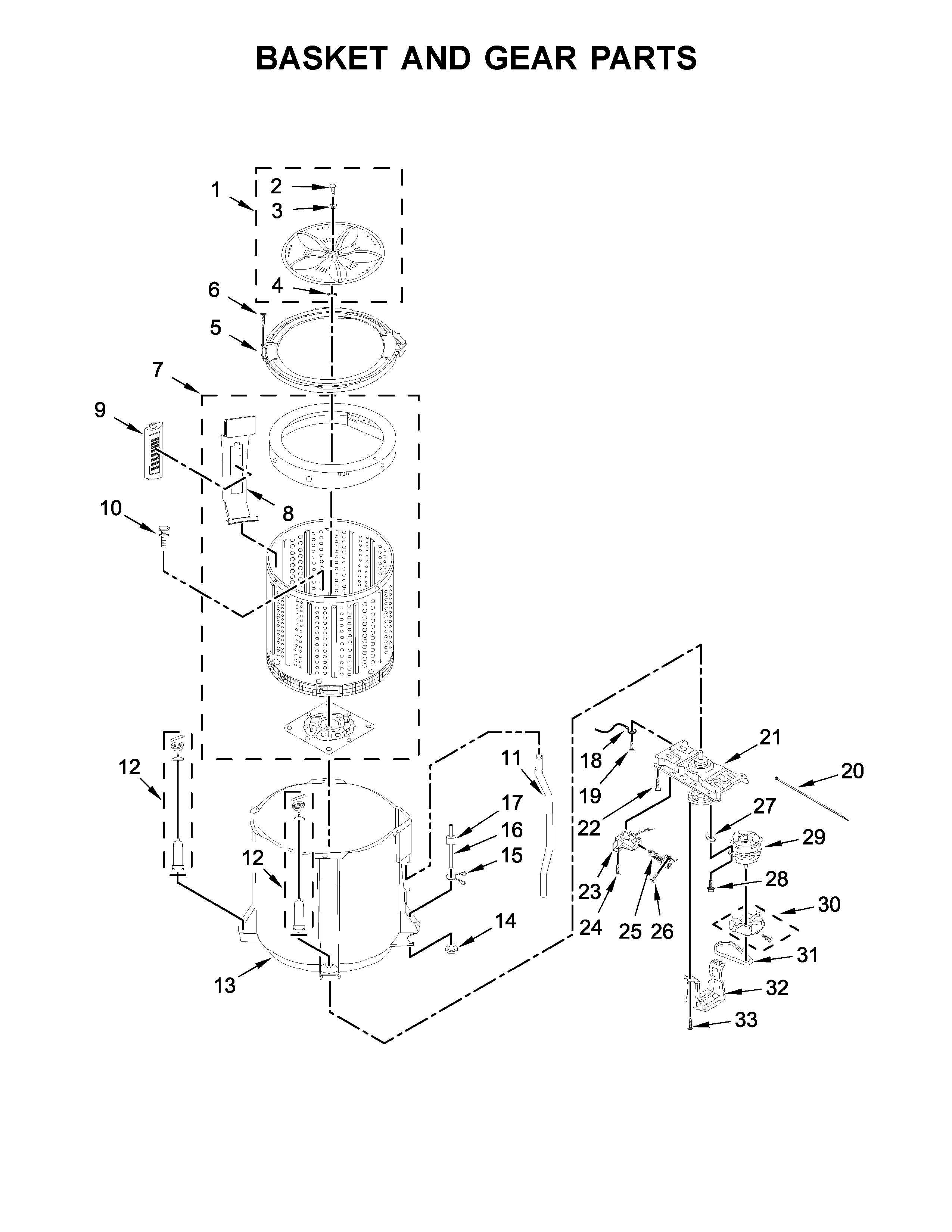 Basket And Gear Parts Diagram and Parts List for 11044422610  Kenmore Washer