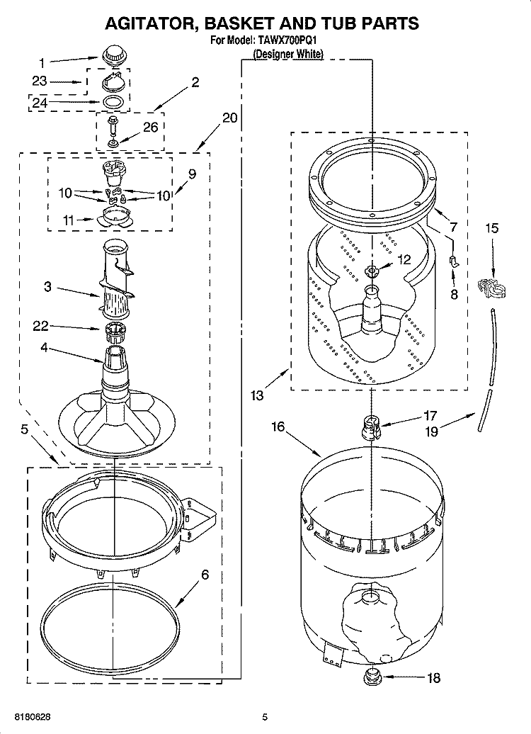AGITATOR, BASKET AND TUB PARTS Diagram and Parts List for TAWX700PQ1  Estate Washer