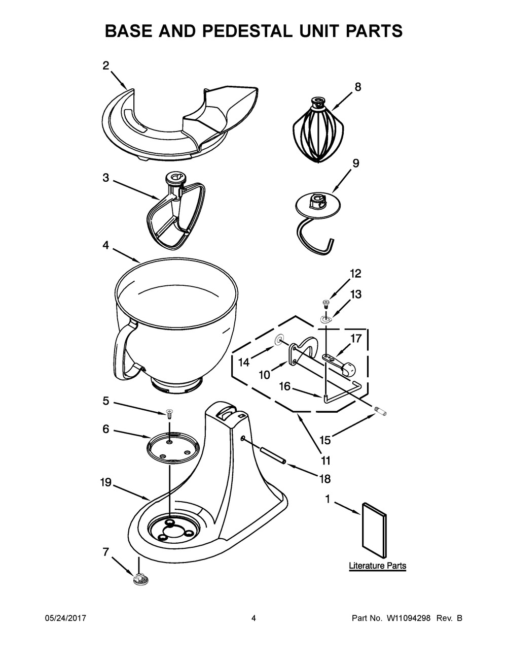 Base And Pedestal Unit Parts Diagram and Parts List for 5KSM180LEBBK4  Whirlpool Mixer