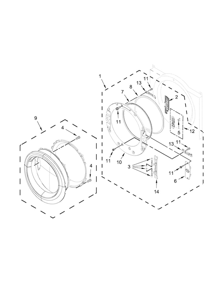Door Parts Diagram and Parts List for WGD75HEFW0  Whirlpool Dryer