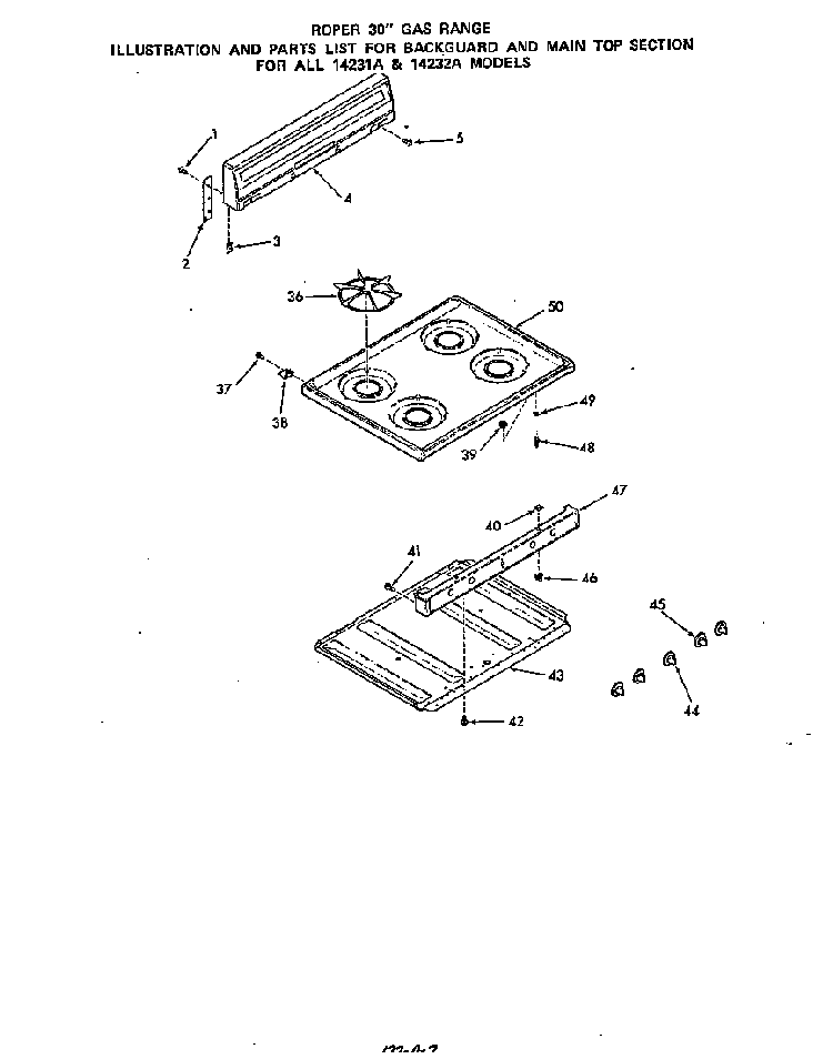Backguard And Main Top Diagram and Parts List for 1423*2A  Roper Range