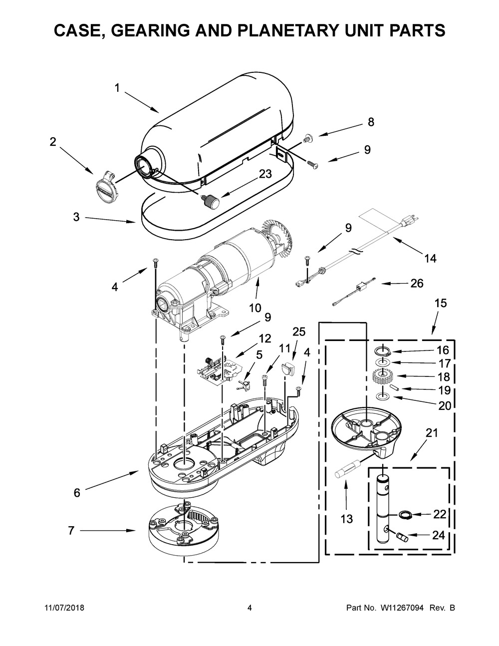Case, Gearing And Planetary Unit Parts Diagram and Parts List for 3KSMC895TWH0  Whirlpool Mixer