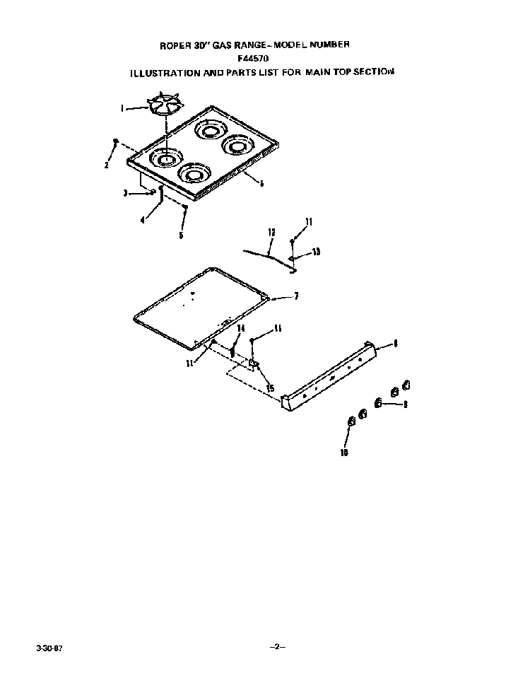 Main Top Diagram and Parts List for F4457*0  Roper Range