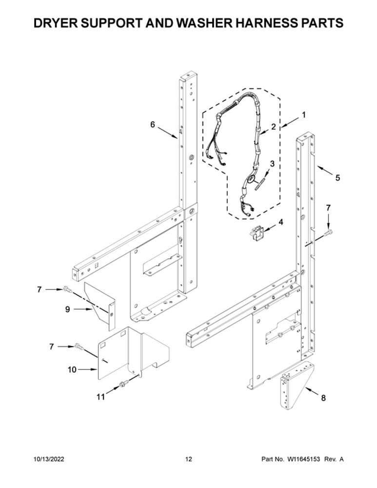 Dryer Support And Washer Harness Parts Diagram and Parts List for WGTLV27HW3  Whirlpool Washer Dryer Combo
