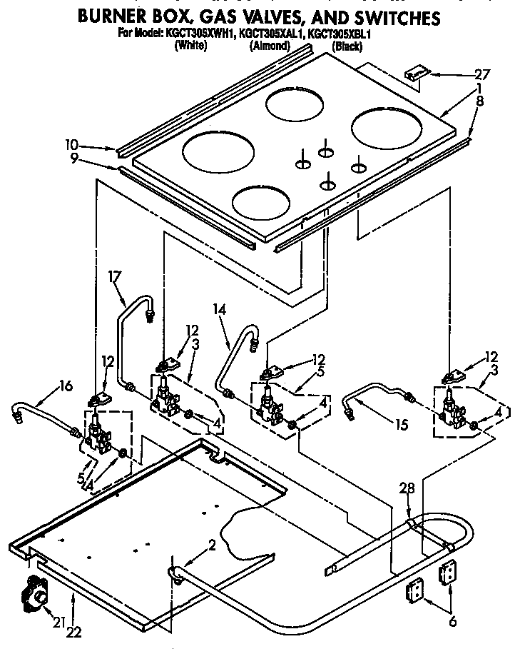 Burner Box, Gas Valves And Switches Diagram and Parts List for KGCG305XAL1  KitchenAid Cooktop