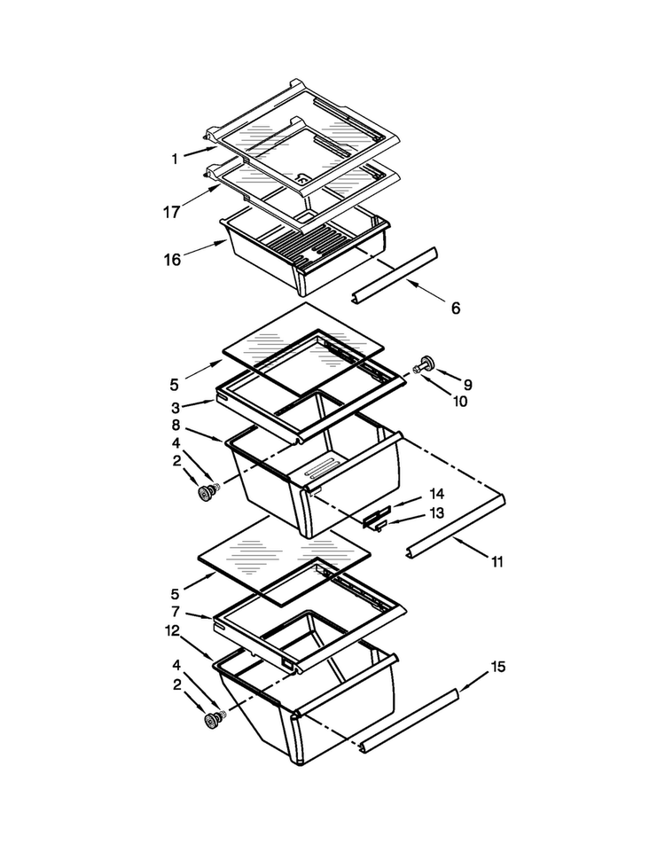 Refrigerator Shelf Parts Diagram and Parts List for 5WRS22KNBF00  Whirlpool Refrigerator