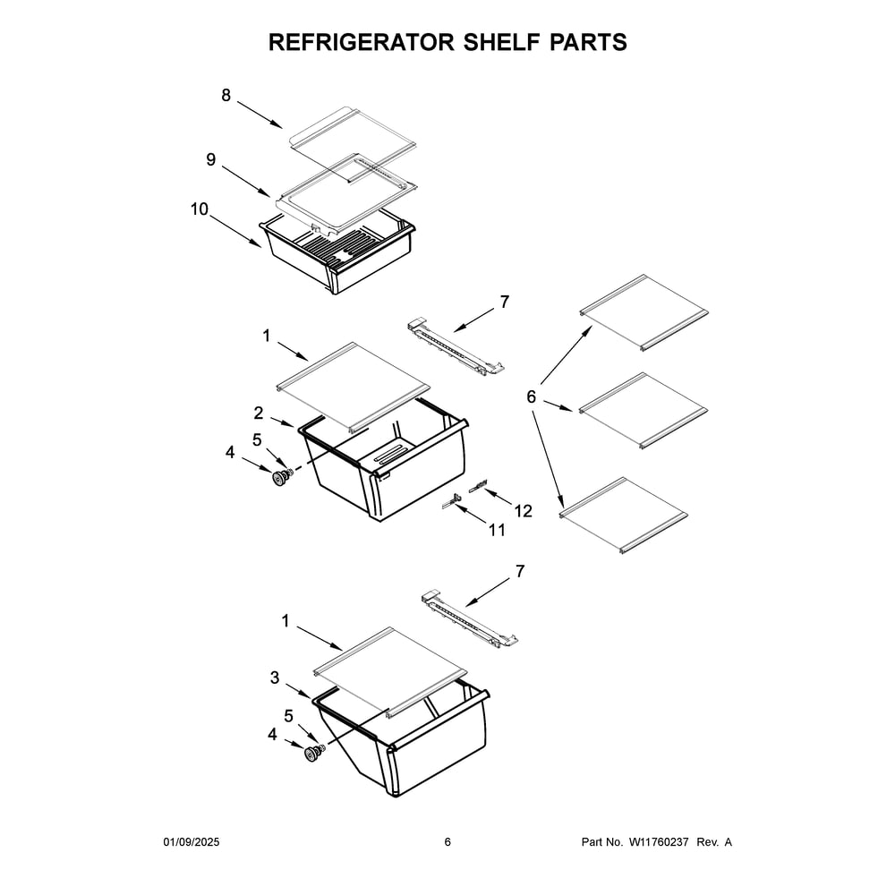 Refrigerator Shelf Parts Diagram and Parts List for WRS321SDHB11  Whirlpool Refrigerator
