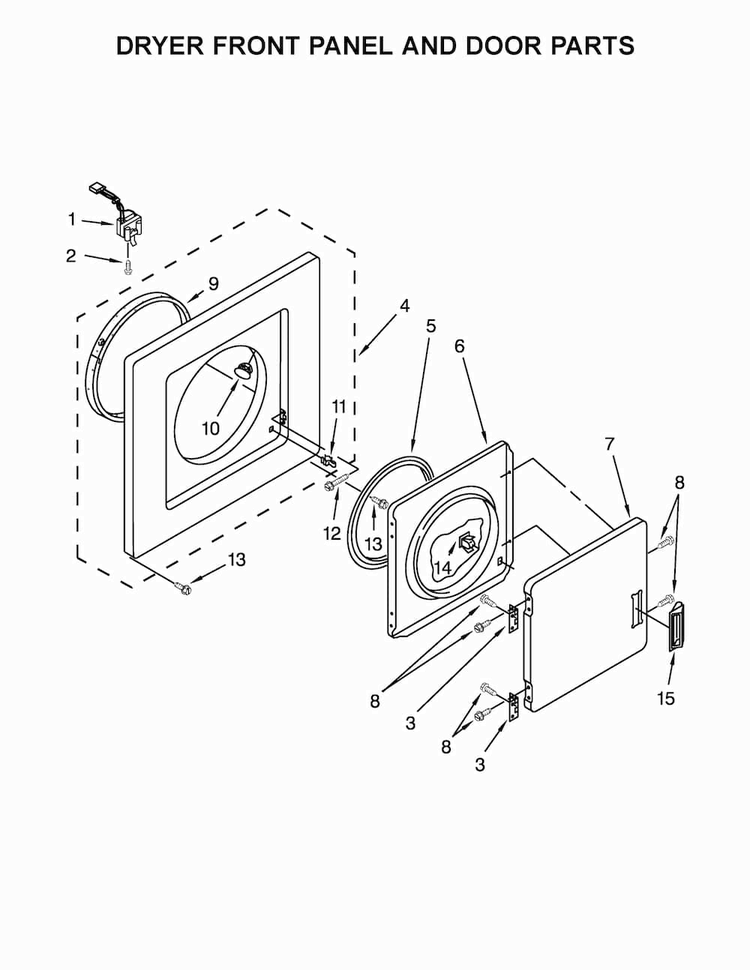 Dryer Front Panel And Door Parts Diagram and Parts List for WET4024EW0  Whirlpool Washer Dryer Combo