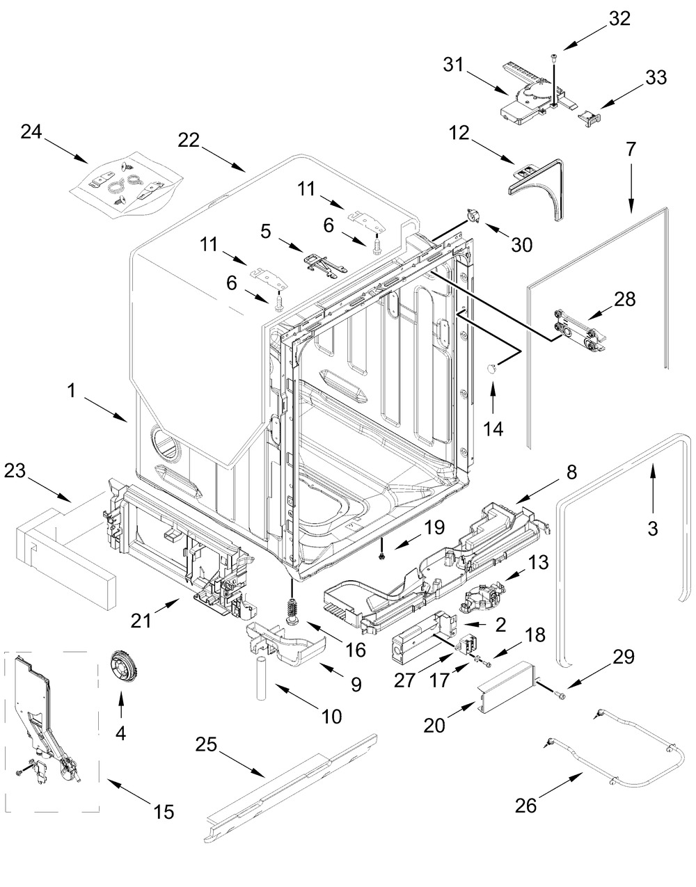 Tub And Frame Parts Diagram and Parts List for JDTS3924SP0  Whirlpool Dishwasher