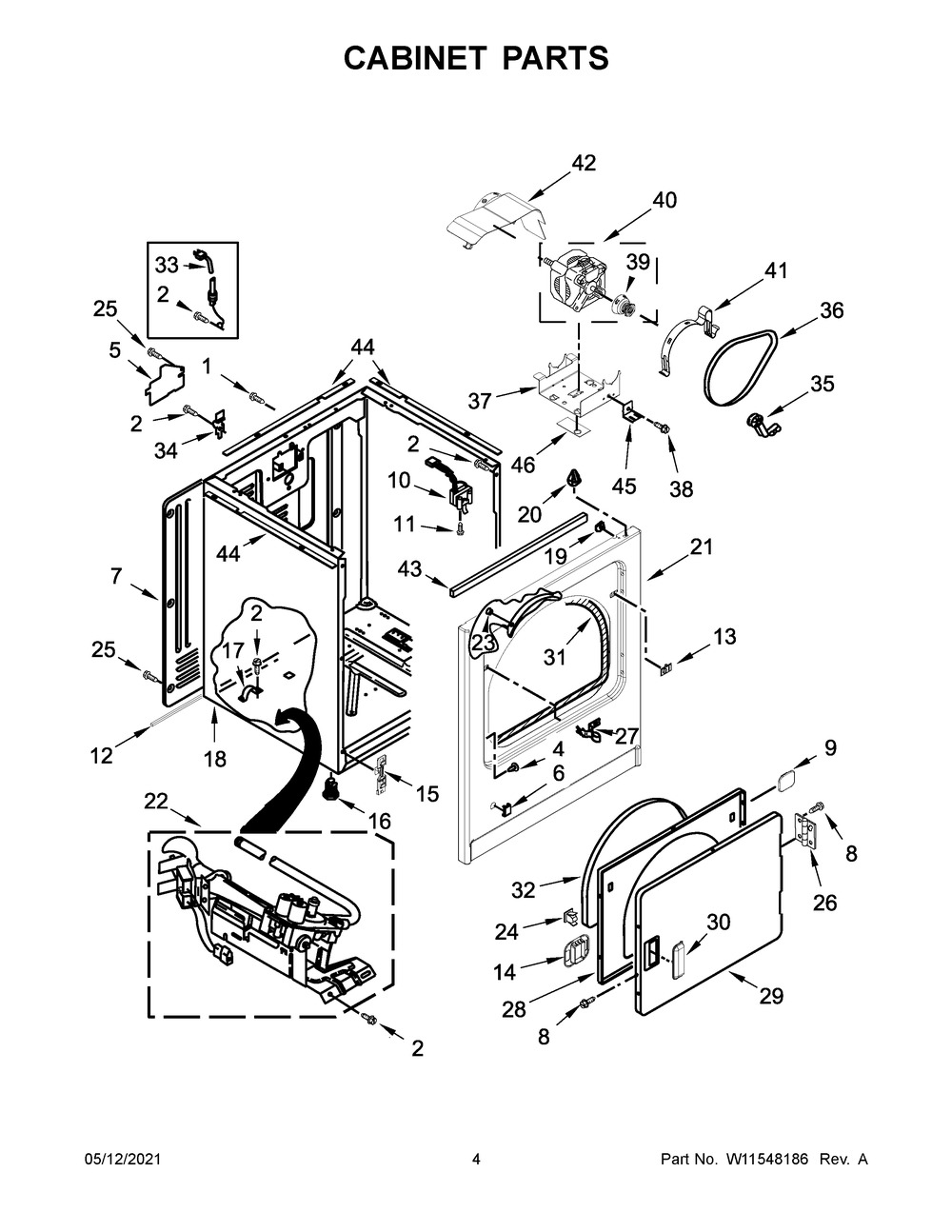 Cabinet Parts Diagram and Parts List for WGD4985EW1  Whirlpool Dryer