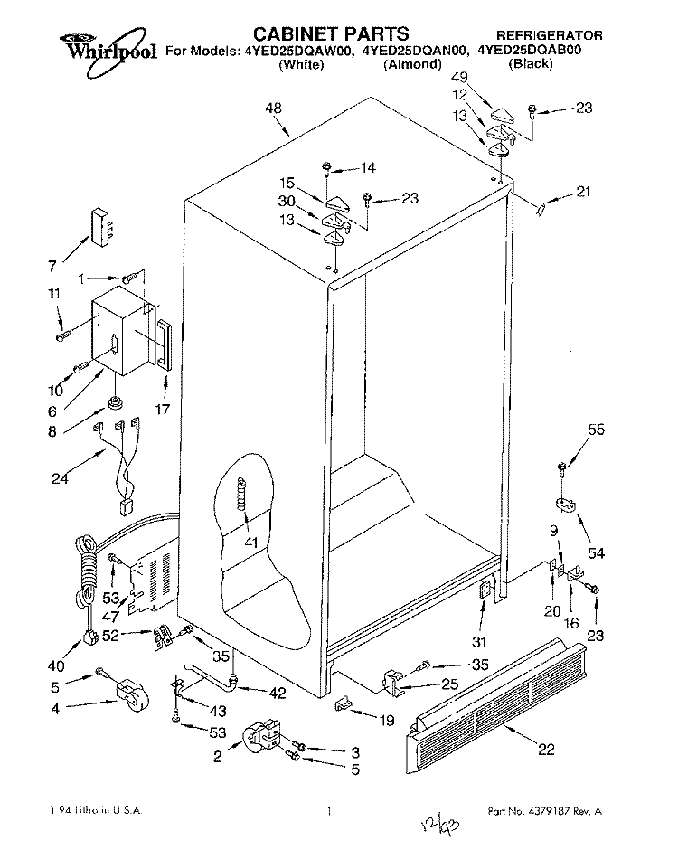 CABINET Diagram and Parts List for 4YED25DQAB00  Whirlpool Refrigerator