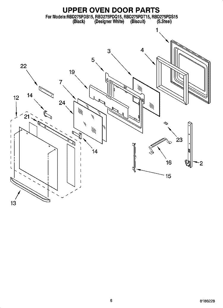 UPPER OVEN DOOR PARTS Diagram and Parts List for RBD275PDT15  Whirlpool Wall Oven