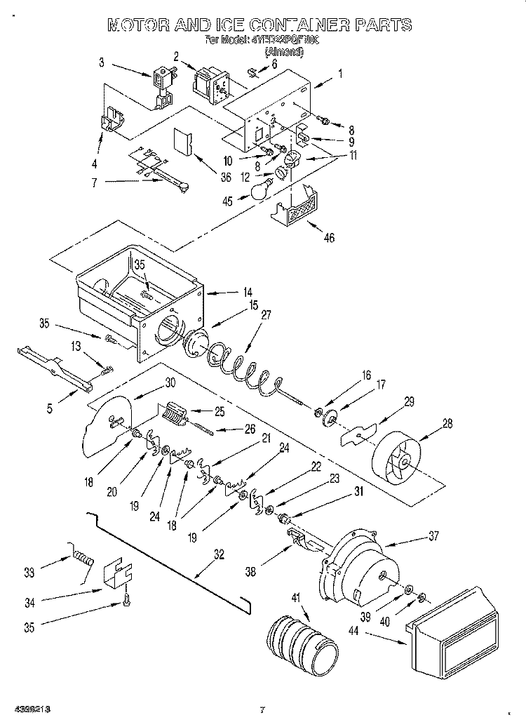 MOTOR AND ICE CONTAINER Diagram and Parts List for 4YED22PQFN00  Whirlpool Refrigerator