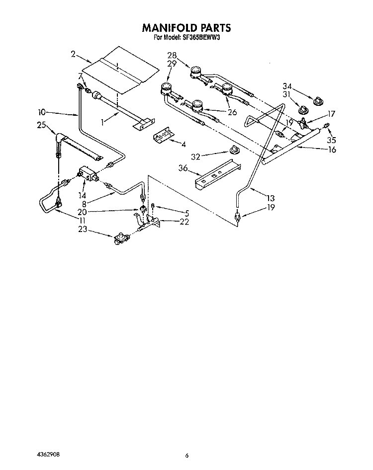 MANIFOLD Diagram and Parts List for SF365BEWN3  Whirlpool Range