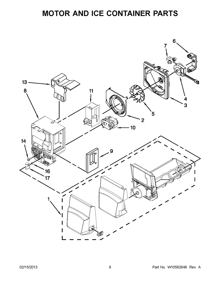 MOTOR AND ICE CONTAINER PARTS Diagram and Parts List for KFIS20XVMS11  KitchenAid Refrigerator