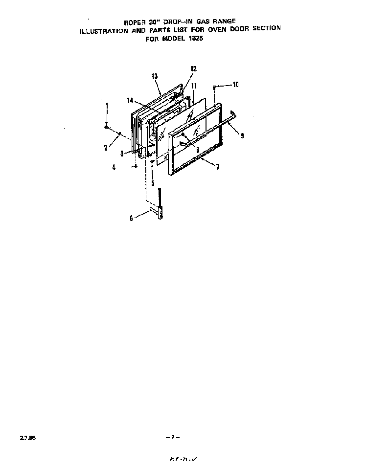 Door Diagram and Parts List for 1525*3A  Roper Range
