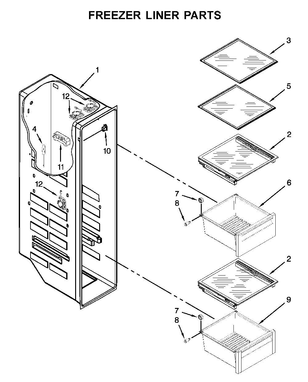 Freezer liner parts Diagram and Parts List for 10651769512  Kenmore Refrigerator