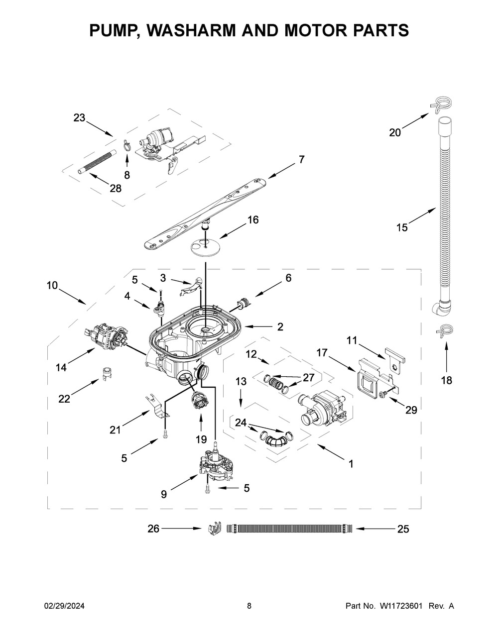 Pump, Washarm And Motor Parts Diagram and Parts List for WDTA50SAKB3  Whirlpool Dishwasher