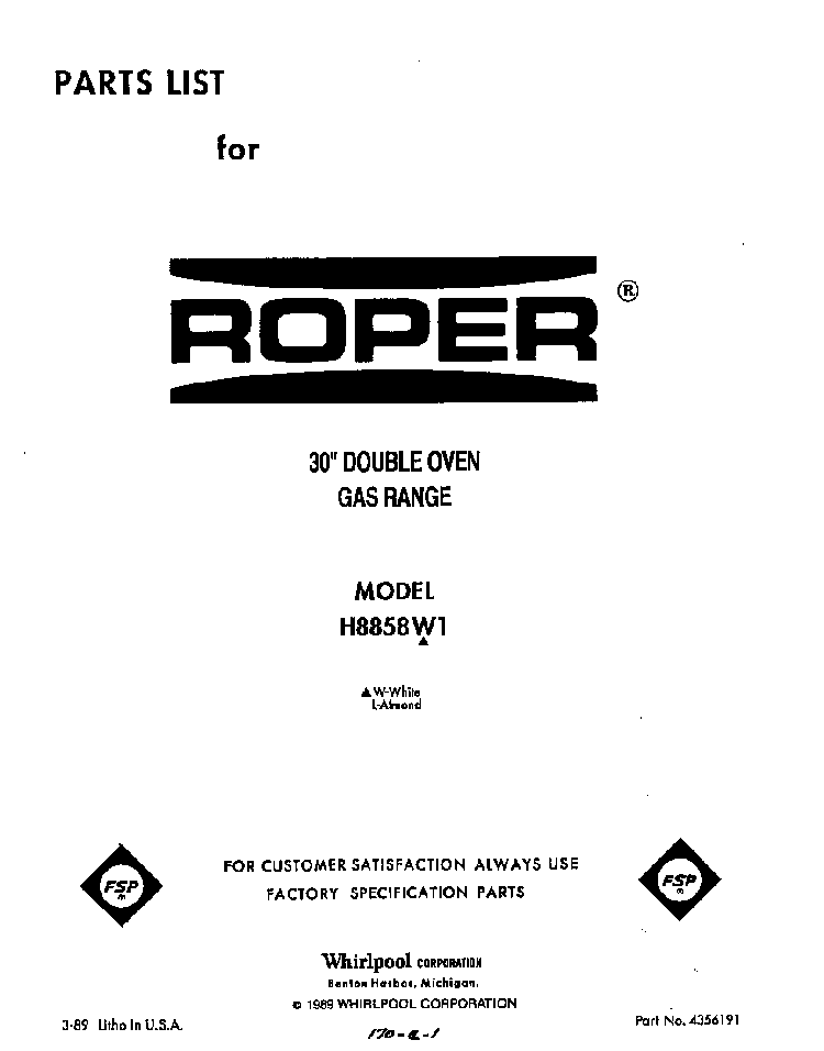 Front Cover Diagram and Parts List for H8858*1  Roper Range