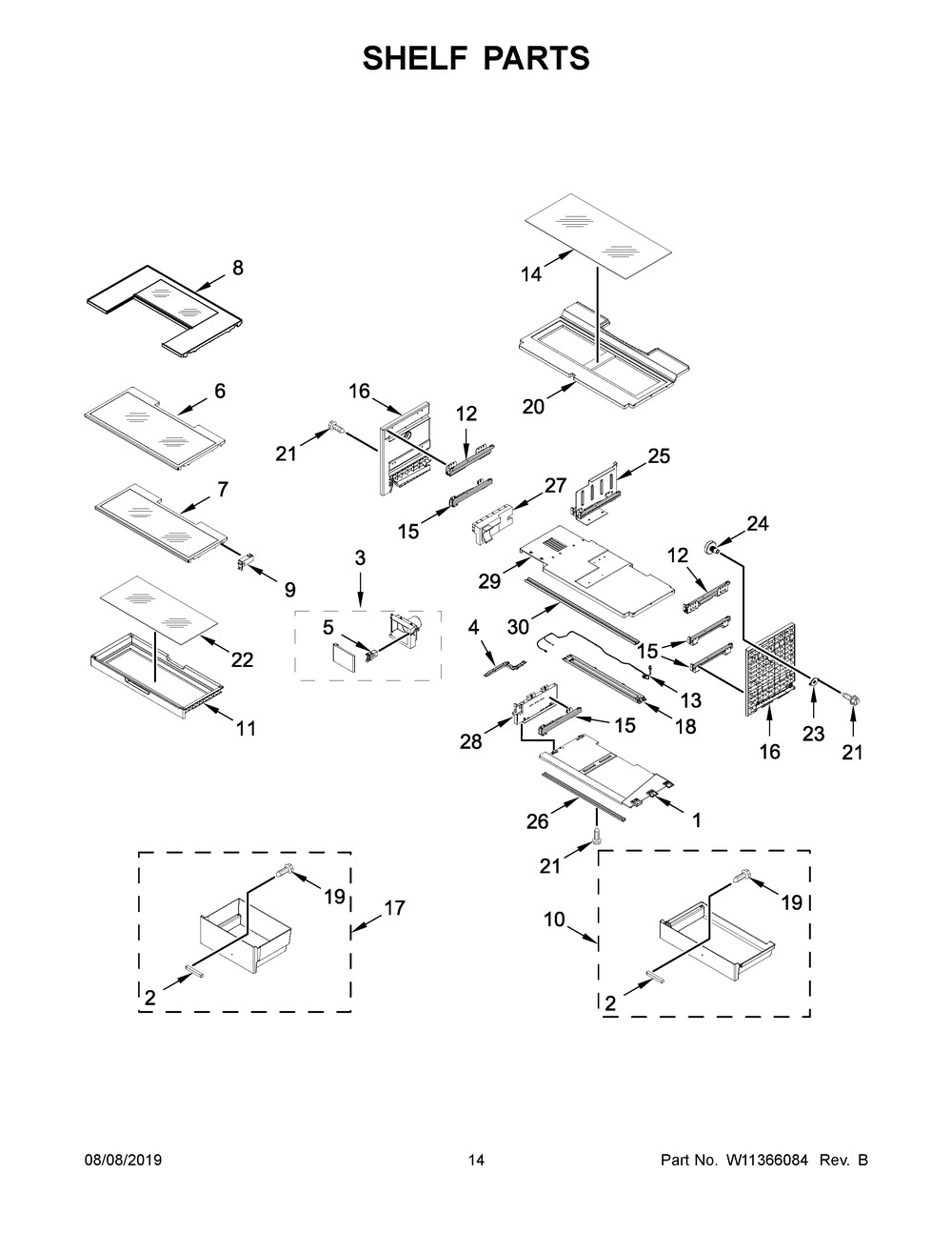 Shelf Parts Diagram and Parts List for WRF954CIHV01  Whirlpool Refrigerator