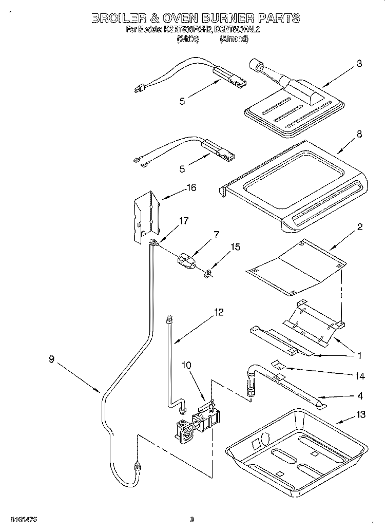 BROILER AND OVEN BURNER Diagram and Parts List for KGRT500FWH2  KitchenAid Range