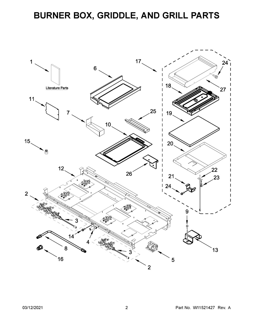 Burner Box, Griddle, And Grill Parts Diagram and Parts List for JDRP748HL01  Whirlpool Range