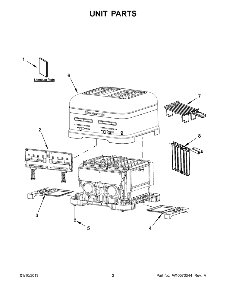 UNIT PARTS Diagram and Parts List for 5KMT4205BCA0  KitchenAid Toaster