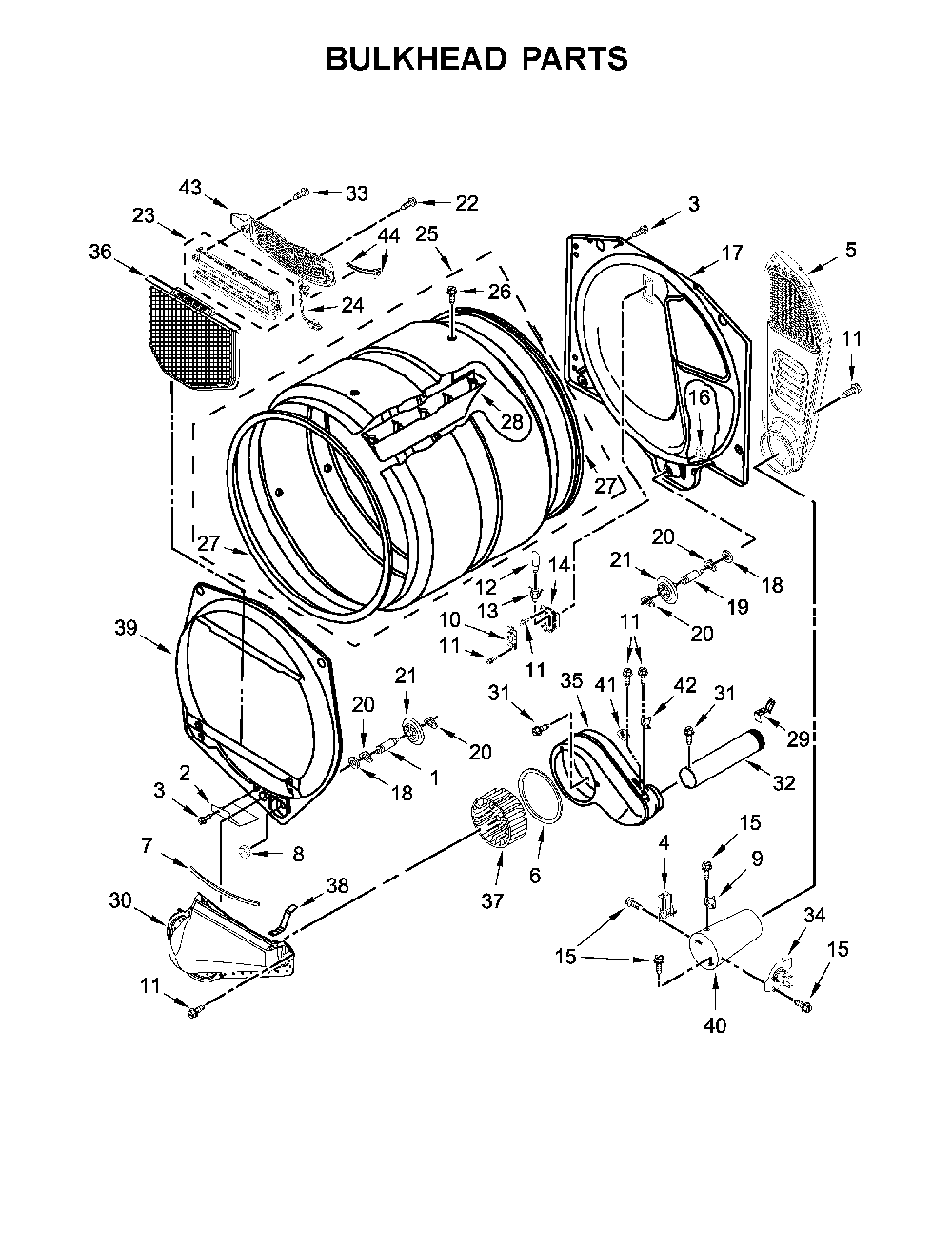 Bulkhead parts Diagram and Parts List for 11070372710  Kenmore Dryer