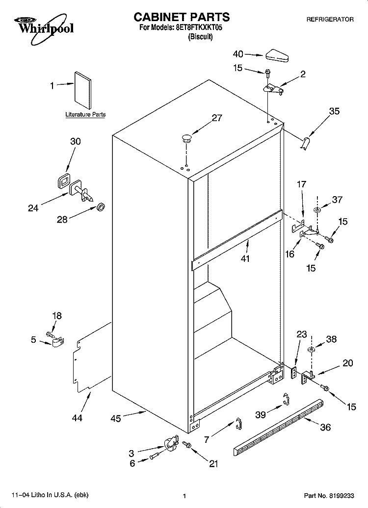 CABINET PARTS Diagram and Parts List for 8ET8FTKXKT05  Whirlpool Refrigerator