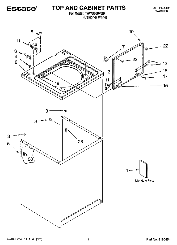 TOP AND CABINET PARTS Diagram and Parts List for TAWS800PQ0  Estate Washer