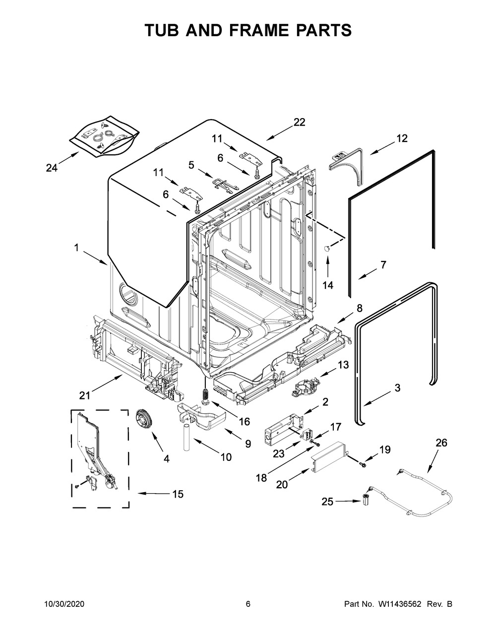 Tub And Frame Parts Diagram and Parts List for KDTM704KPS0  Whirlpool Dishwasher