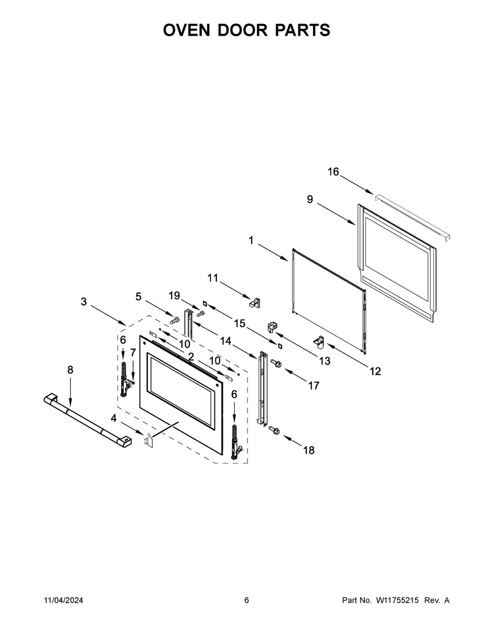 04 - Oven Door Parts Diagram and Parts List for JMW2430LL04  Whirlpool Microwave Oven Combo