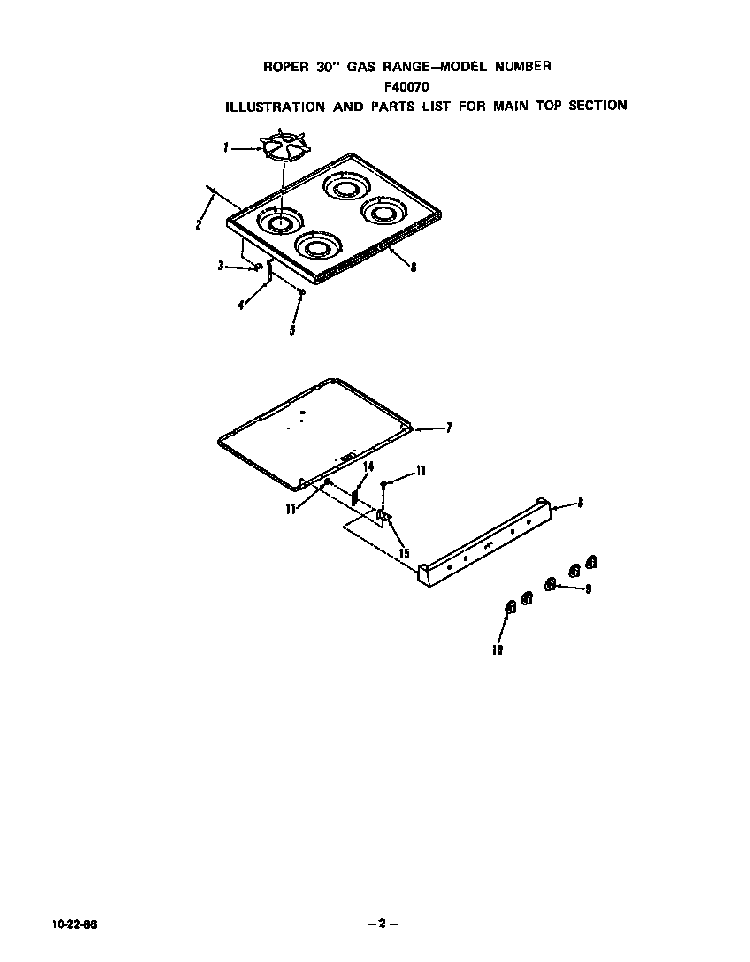 Main Top Diagram and Parts List for F4007W0  Roper Range