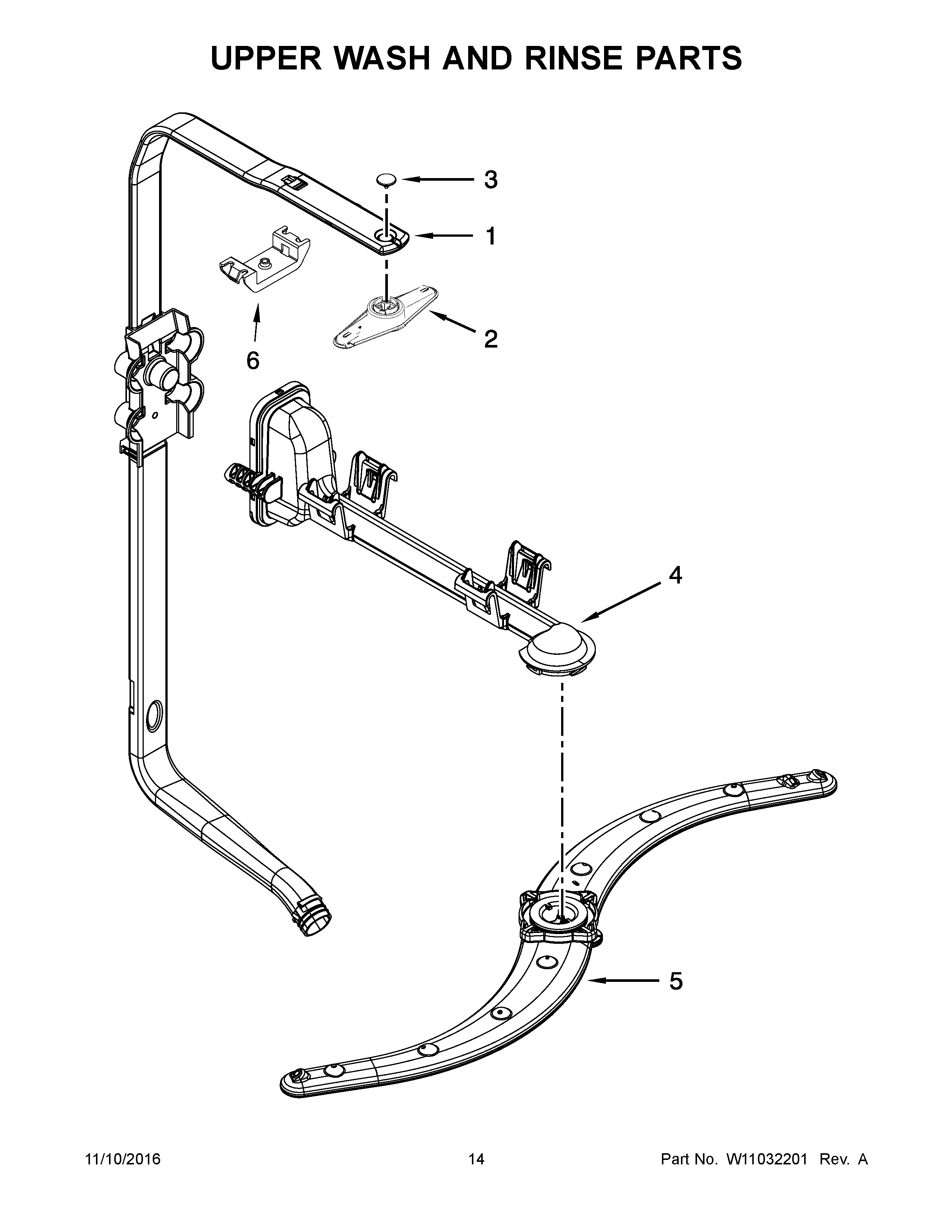 Upper Wash And Rinse Parts Diagram and Parts List for 66513229N413  Kenmore Dishwasher