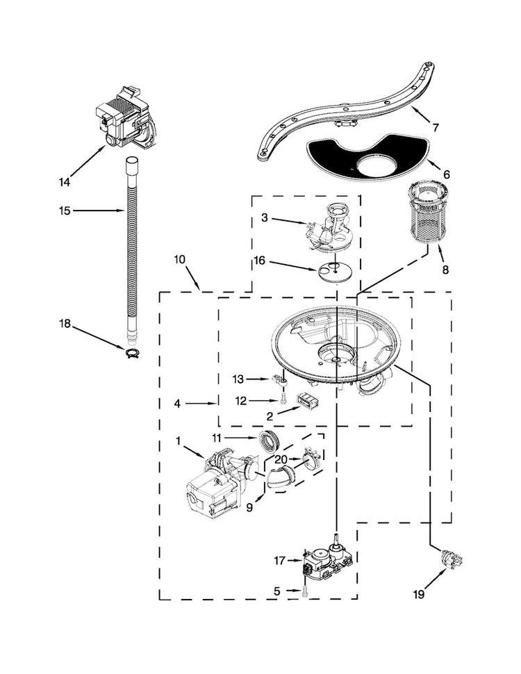 Pump, Washarm And Motor Parts Diagram and Parts List for KUDE20IXSSA  KitchenAid Dishwasher