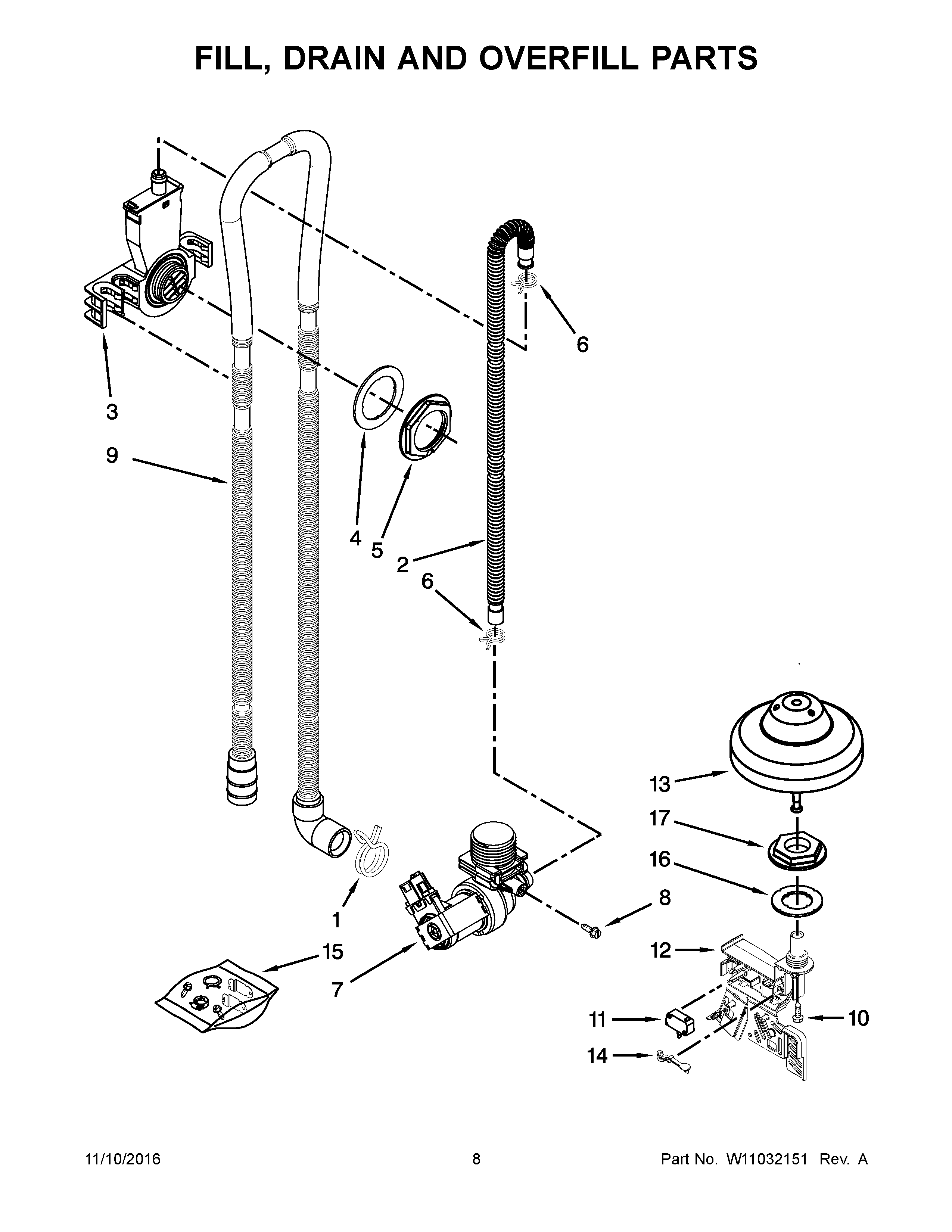 Fill, Drain And Overfill Parts Diagram and Parts List for 66513543N413  Kenmore Dishwasher