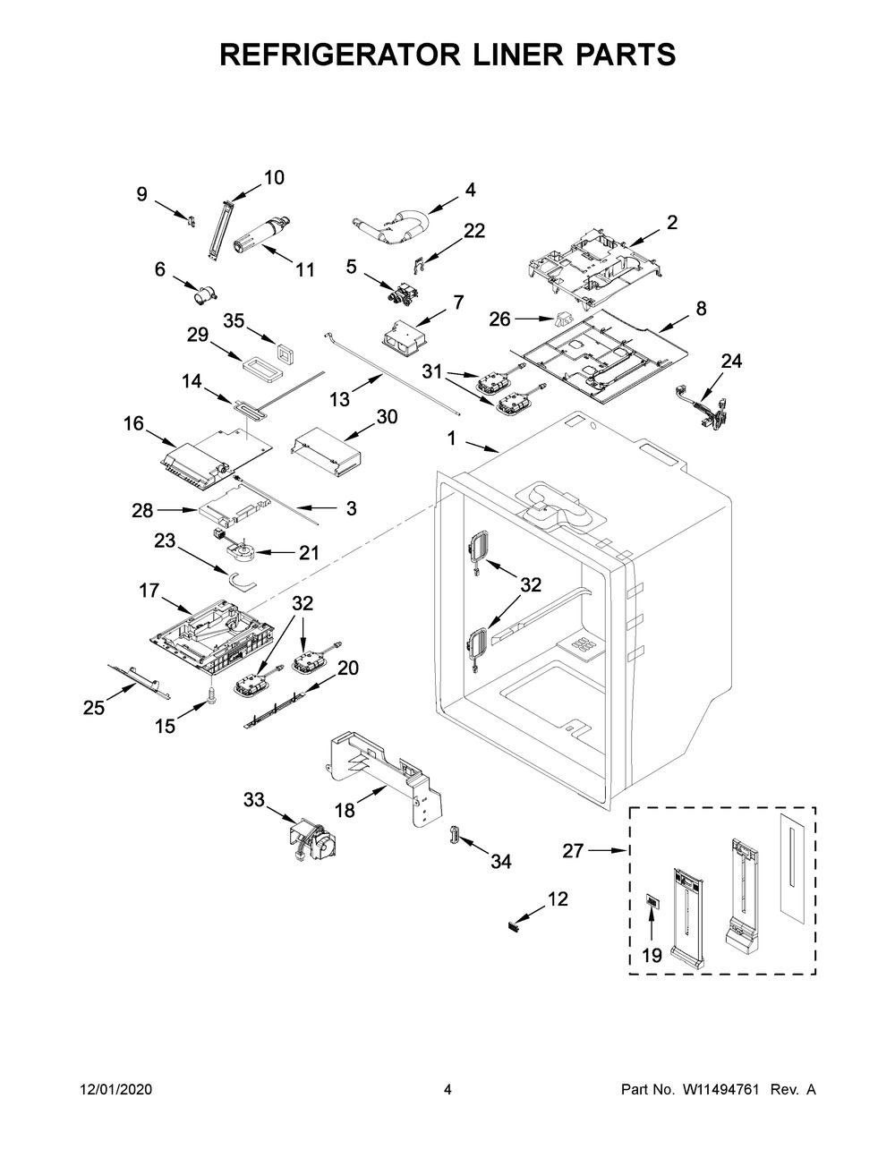 Refrigerator Liner Parts Diagram and Parts List for KRFF507HWH02  Whirlpool Refrigerator